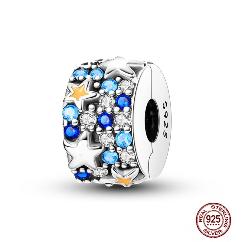 Round 925 Copper Clasp Pave Clip Charms Blue Star Moon Butterfly Slide Safety Chains Spacer Beads Fits Original Bracelet Zircon