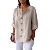 Women Shirt V-Neck 3/4 Sleeve Loose Fit Pullover Tops Buttons Decor Breathable Casual Tops Daily Wear