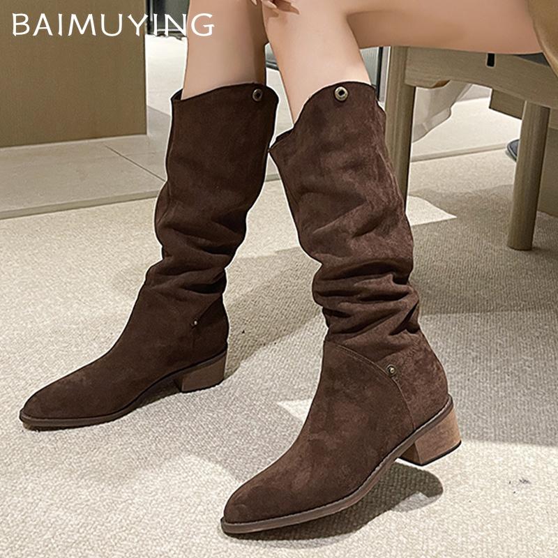 Женские высокие ботинки с острым носком, замшевые, на среднем каблуке, дизайнерские, зимние, массивные ботинки челси, тренд 2024, туфли-лодочки, готические ботинки для женщин