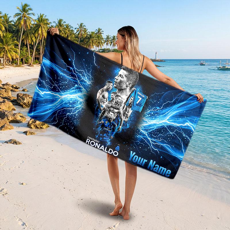 Cristiano Ronaldo Custom Beach Towel, Personalized Name Text Print, Football Logo Soft Quick‑Dry Towel Holiday Gift