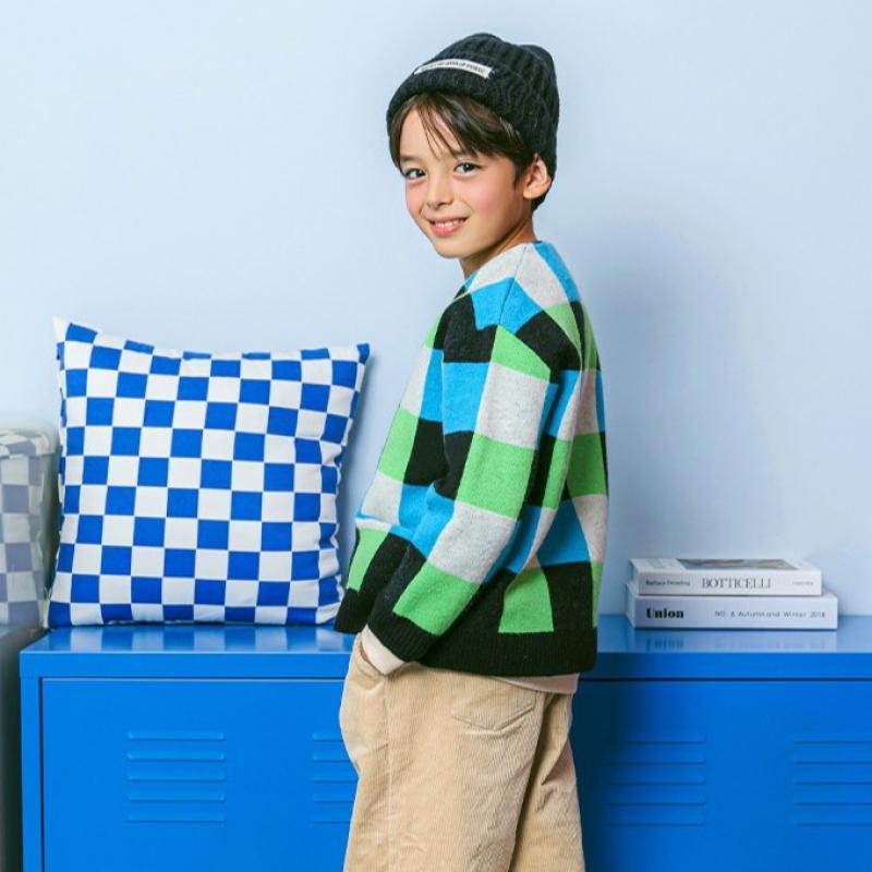 Оливковый модный клетчатый кардиган синего цвета 