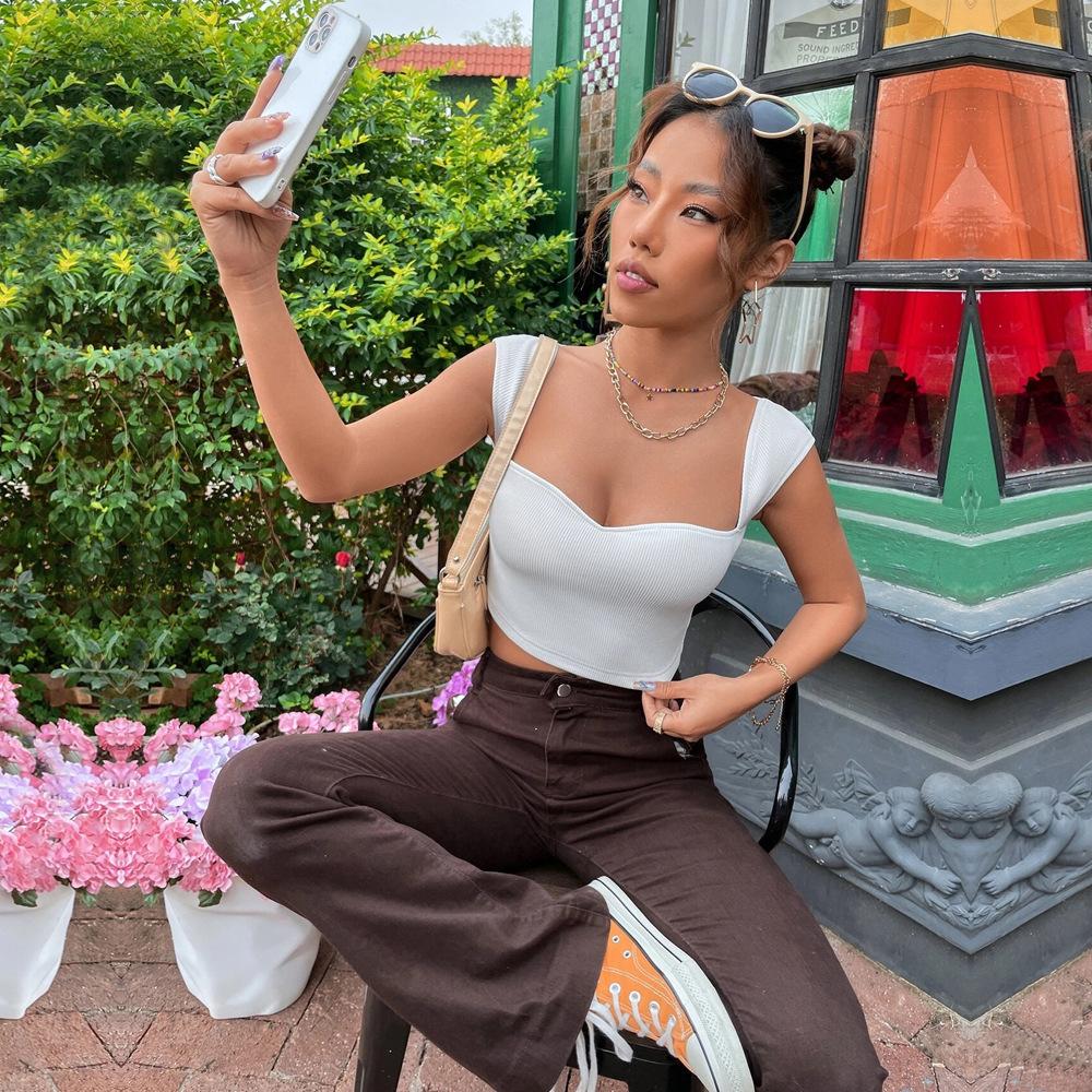 2025 Women's Slim Square Neck Ultra Short Sleeveless Cute T-Shirt Vest Top Basic T-shirts Tank Top