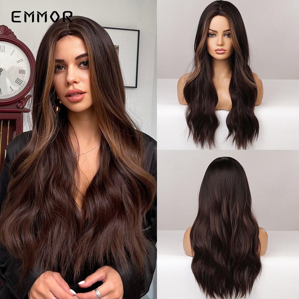 Длинные волнистые волосыПарики для женщин Темно-коричневые со светлыми бликами Косплей Вечеринка Модный парик