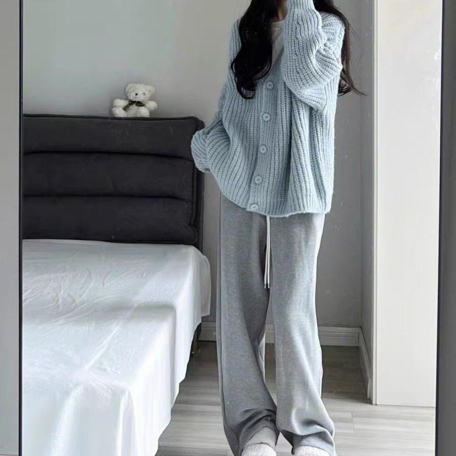 Милый розовый вязаный кардиган свитер женский корейский длинный рукав V-образный вырез кардиганы женщина дикий джемпер на пуговицах пальто женский