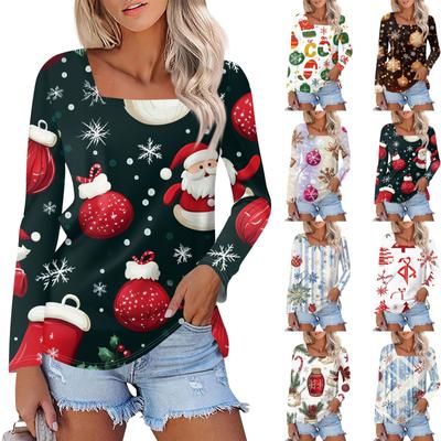 Женская модная повседневная рубашка с длинными рукавами и рождественским принтом с квадратным вырезом и длинными рукавами