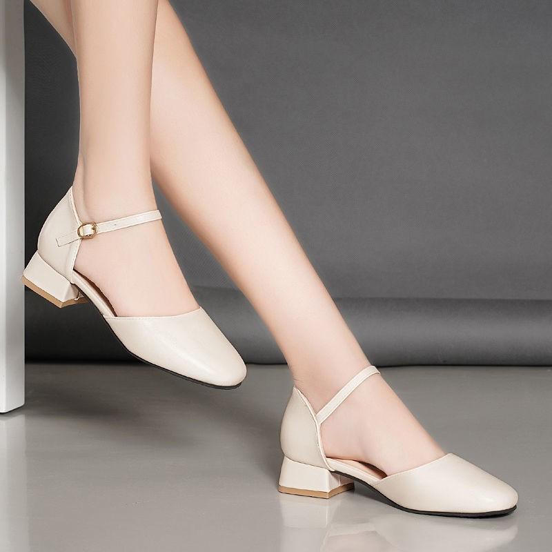 Elegant Low Heel Women's Shoes Casual Solid Color Pumps Baotou Ankle Buckle Sandals Work Shoes Pu Leather Chunky Heels Women