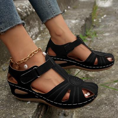 Модные летние женские босоножки на танкетке с закрытым носком   Новые женские пляжные туфли больших размеров Уличные римские сандалии на Т-образной перемычке Повседневные сандалии для женщин