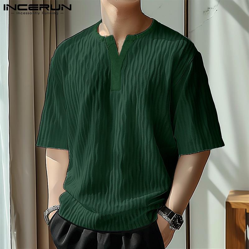 INCERUN Мужские текстурные футболки с коротким рукавом, повседневные полосатые топы