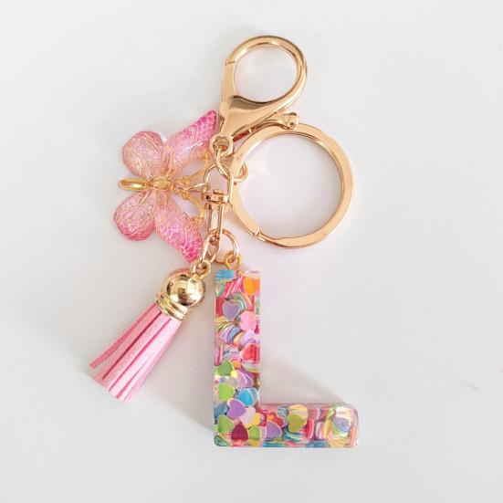 Epoxy Resin English Alphabet Keychain Heart-Shaped Sequins Butterflies Tassel Alphabet Keyring Initial Lettering Key Chain Mug Accessory