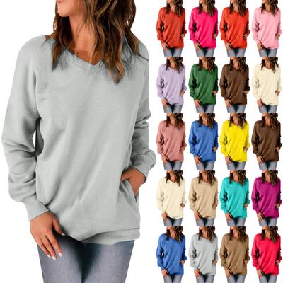 Женская повседневная толстовка с v-образным вырезом, свободные мягкие пуловеры с длинными рукавами, однотонные рубашки с боковыми карманами