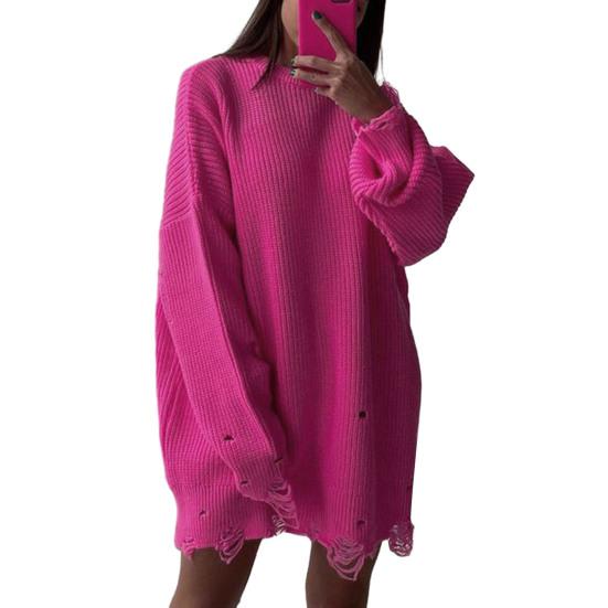 Женский свитер Трехмерный крой Свободная посадка Мягкий вязаный свитер Круглый вырез Длинный рукав Рваные дыры Средней длины Топы