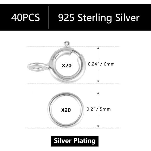 40 ШТ. Застежки и Соединители из Стерлингового Серебра с Разомкнутыми Колечками Набор 5 мм Пружинные Кольца Соединители для Изготовления Украшений (Серебряные застежки 6 мм)