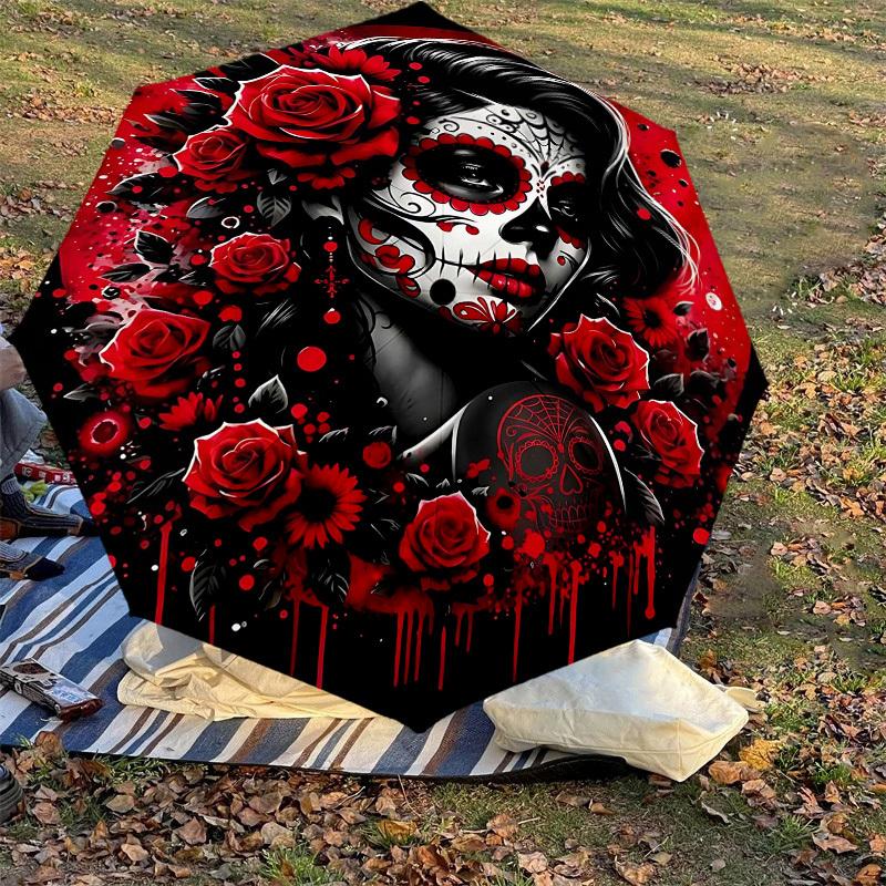 1PC Day of the Dead, Sugar Skull Umbrella-8-Rib Reinforced, Automatic Open, Lightweight & Durable, Fashion Accessory for Outdoor, H0380