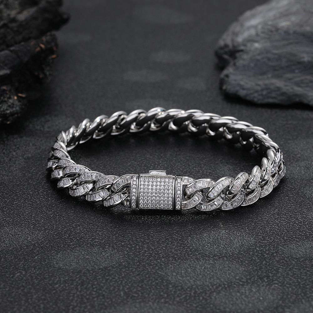 Flat Cuban Chain 11mm Oval String Ring Cuban Diamond Chain Full Diamond T Square Zircon Men's Bracelet Necklace Cuban