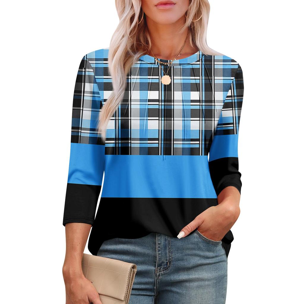 Women's Fashionable Round Neck 3/4 Sleeve Printed Casual Basic Pleated Pullover T-shirt Top