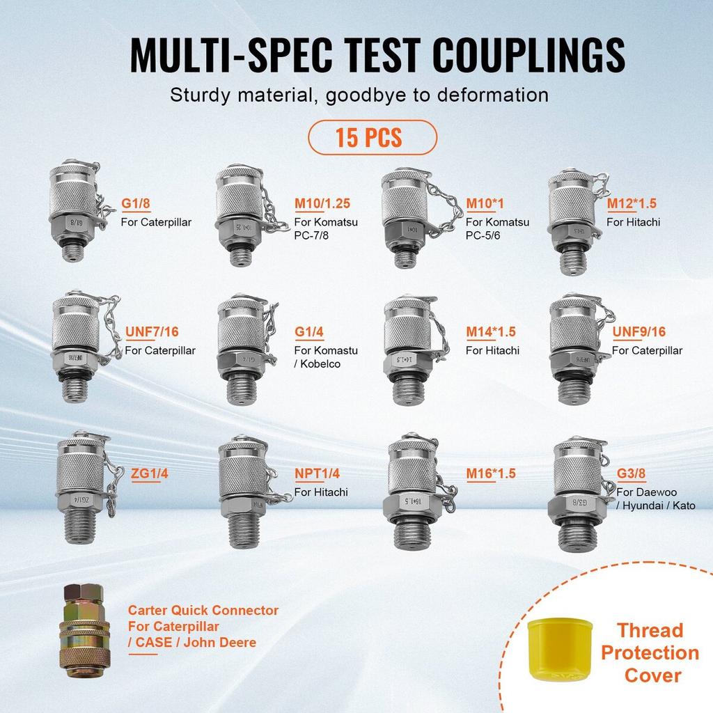 Hydraulic Pressure Test Kit, 10/100/250/400/600bar, 5 Gauges 13 Couplings 14 Tee Connectors 5 Test Hoses, Excavator Hydraulic Test Gauge Set with