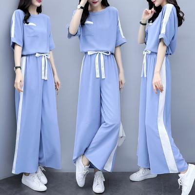 Модная женская летняя женская футболка с короткими рукавами и широкие брюки, комплекты спортивной одежды из двух предметов, повседневный короткий костюм