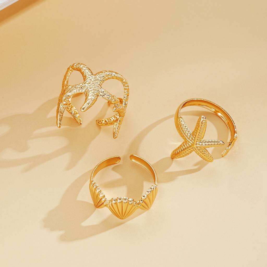 3 шт. Элегантное кольцо-стек, кольцо с открытой ракушкой морской звезды, железо, золото, вода, бриллиант, золото, повседневная одежда, аксессуары для вечеринок