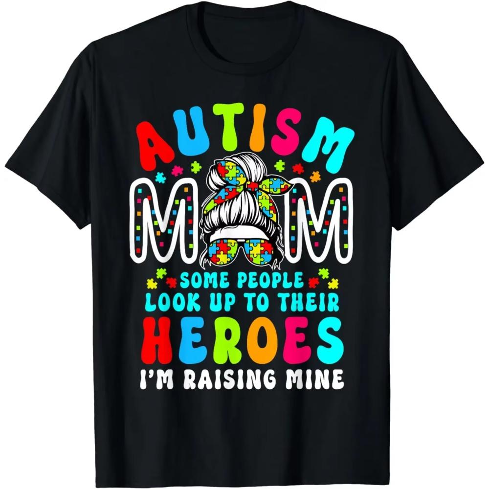 Autism Mom Raising Hero Groovy Messy Bun Autism Awareness T-Shirt Women Clothing Tops Graphic T Shirts Camiseta