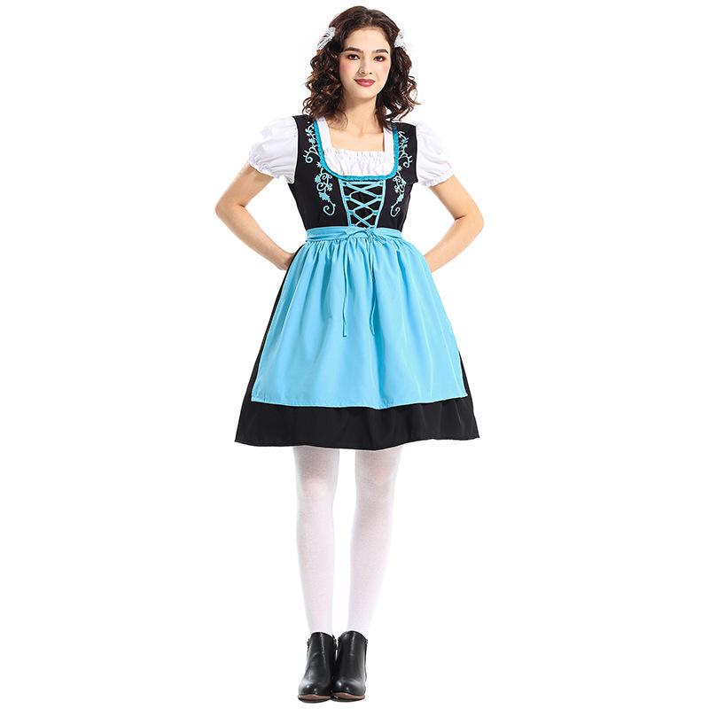 Cosplay German Oktoberfest costume, winery dress, blue and black embroidery Munich traditional ethnic apron dress