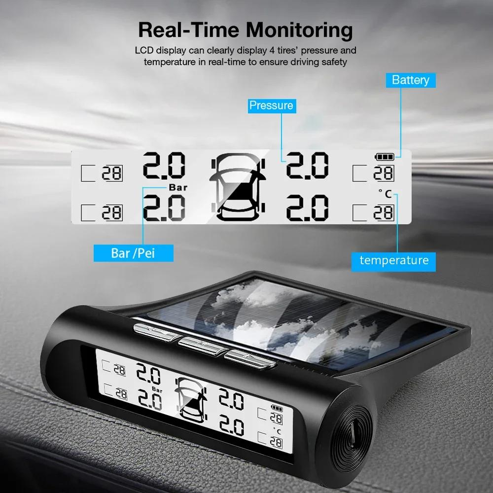 4 внешних датчика Автомобильная солнечная энергия TPMS Сигнализация давления в шинах Цифровой дисплей Автоматический тестер Предупреждение Система контроля давления