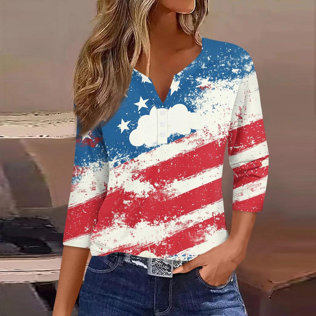 Women's T Shirt Print Button 3/4 Sleeve Daily Weekend Fashion Basic V- Neck Regular Top