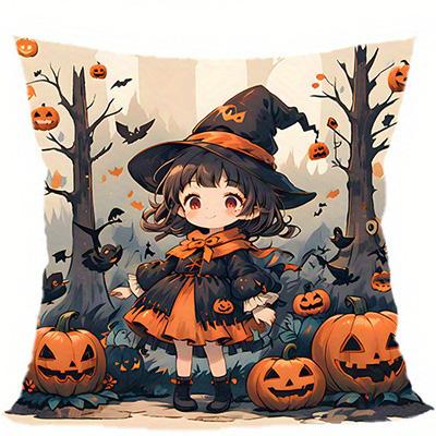 Home Decor Cute Witch And Pumpkins Halloween Pillow Cover Pattern Cushion Cover Suitable For Sofa Bedroom Car Pillow Cover