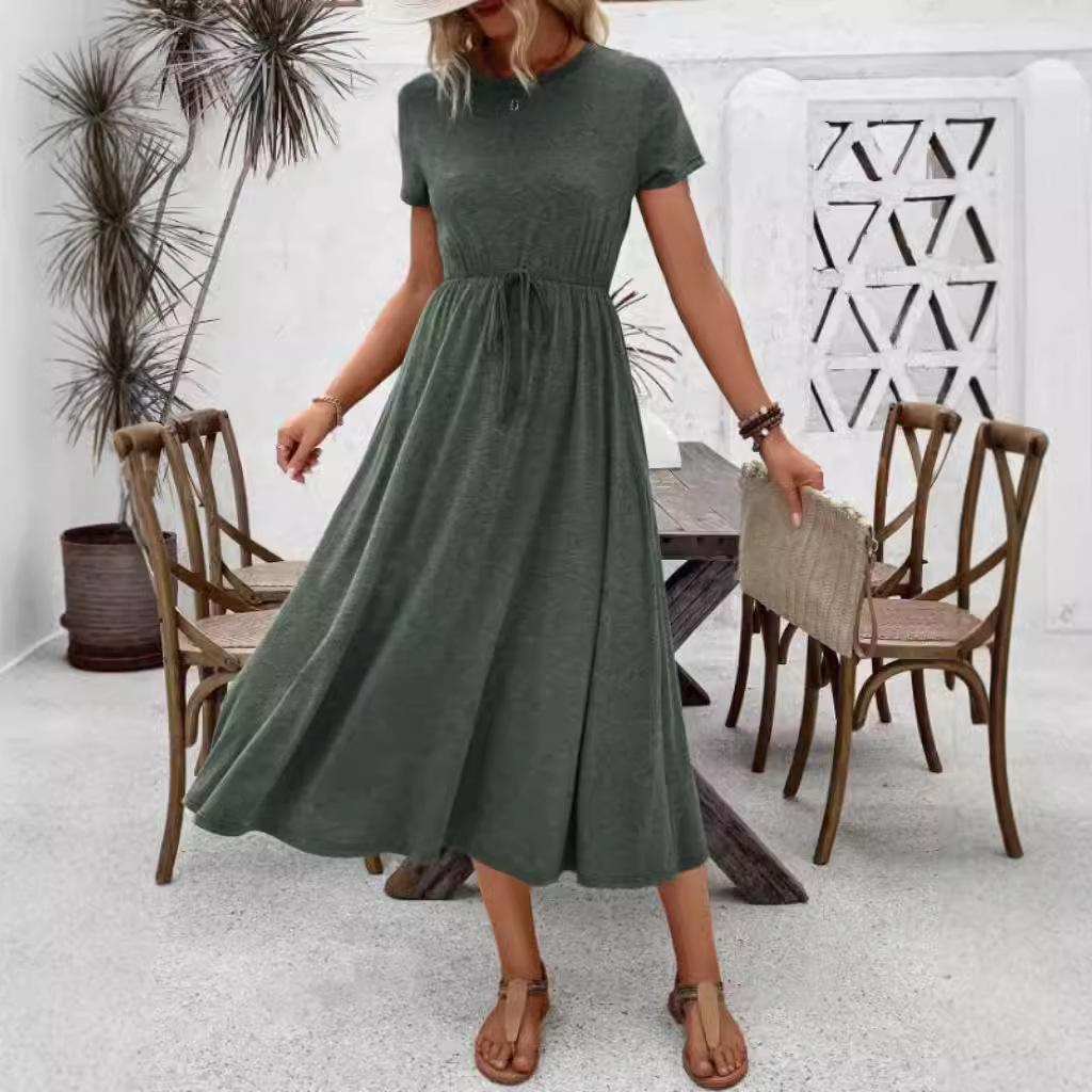 Платье с круглым вырезом, летнее, однотонное, с коротким рукавом, большого размера