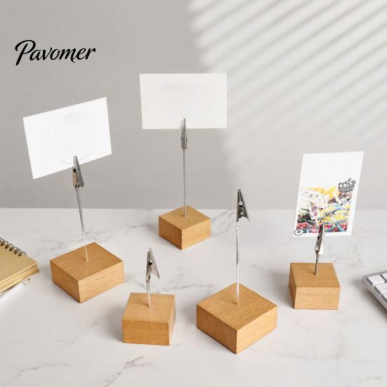 Compact Note Holder Wooden Cube Memo Clip Stand, Display Solid Wood Square Base Receipt Card Holder, Vertical for Wedding Party or Office Table
