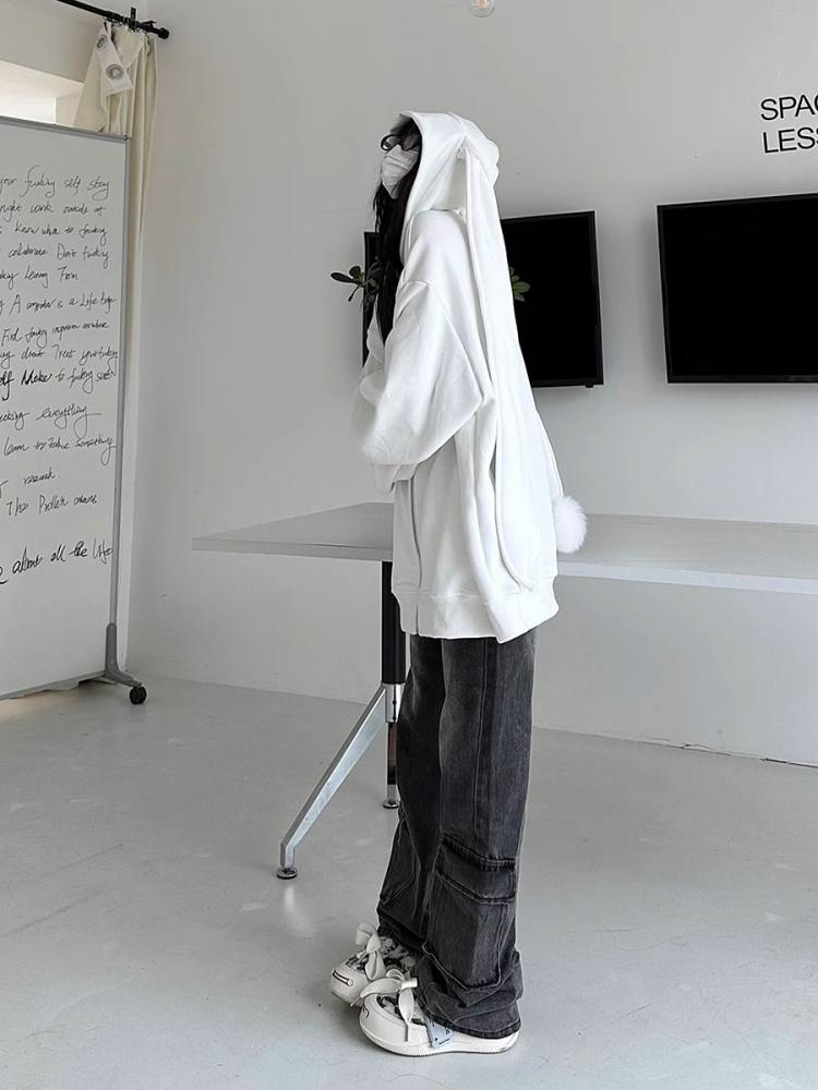 Белые кавайные толстовки на молнии с заячьими ушками, женские японские укороченные толстовки с длинными рукавами, женская одежда в консервативном стиле, осенняя одежда