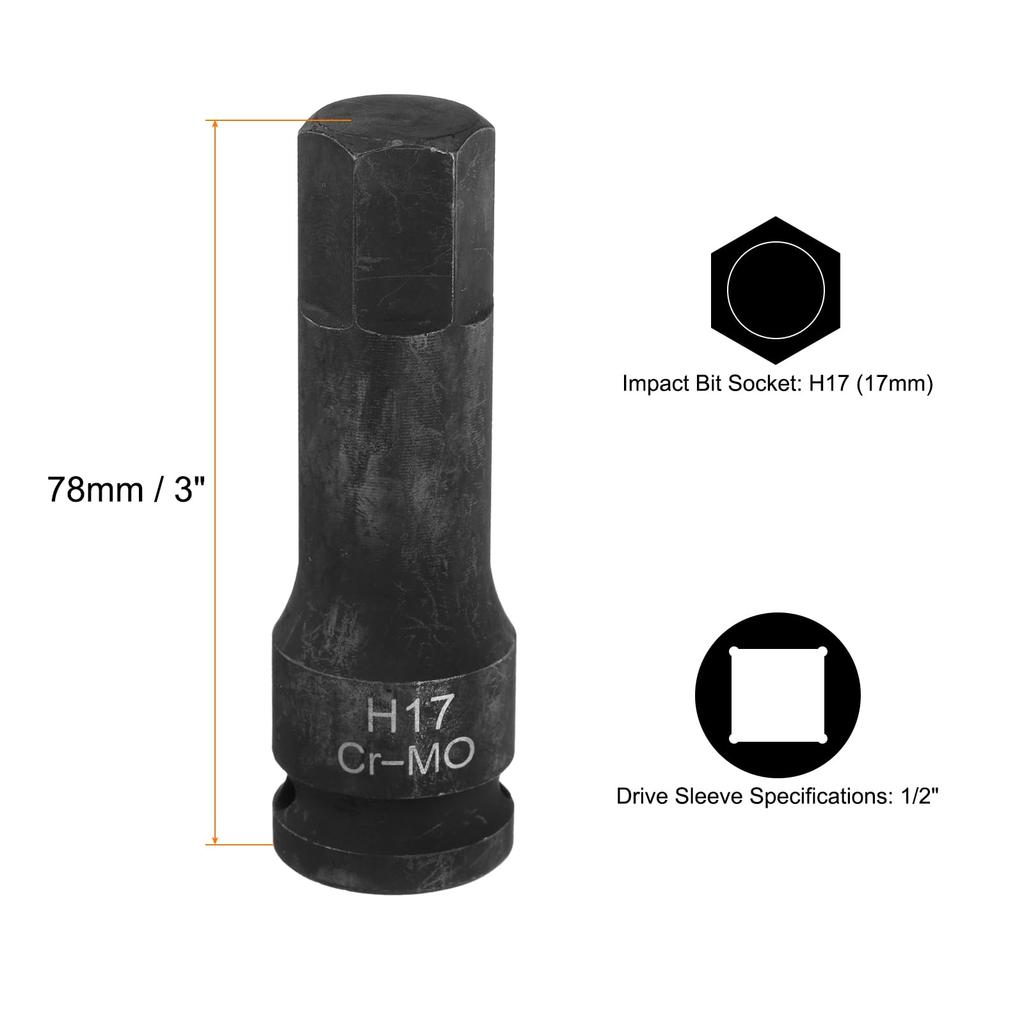 Uxcell H17 Hex Impact Bit Drive Hex Long Screwdriver Socket Adapter for Electric Ratchet Wrenches 2-Piece (17mm) Socket, 1/2" Socket, CR-MO Steel,