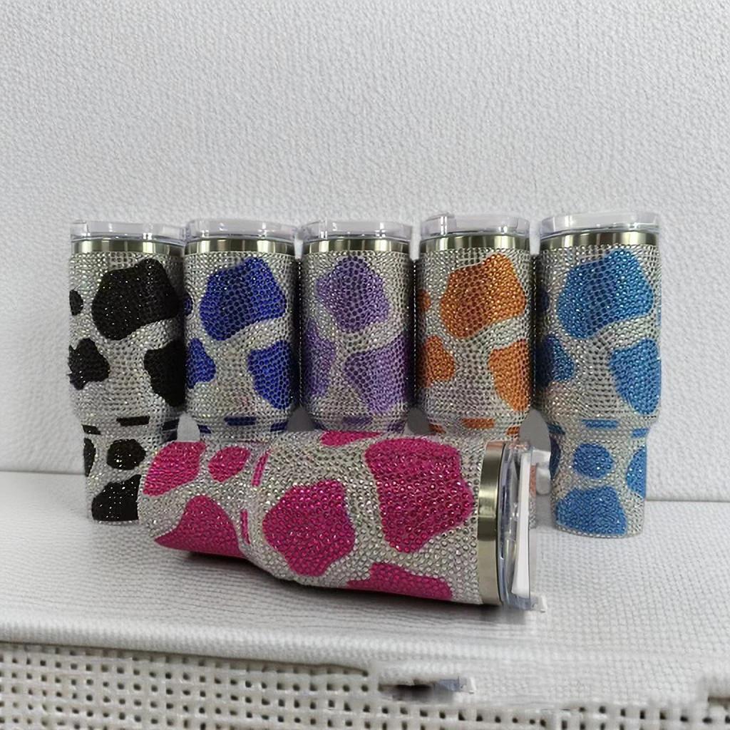 40-унциевый стакан с ромбовидной ручкой и принтом коровьего леопарда, современный стакан, термокружка, многоразовая бутылка для воды из нержавеющей стали, дорожная кружка