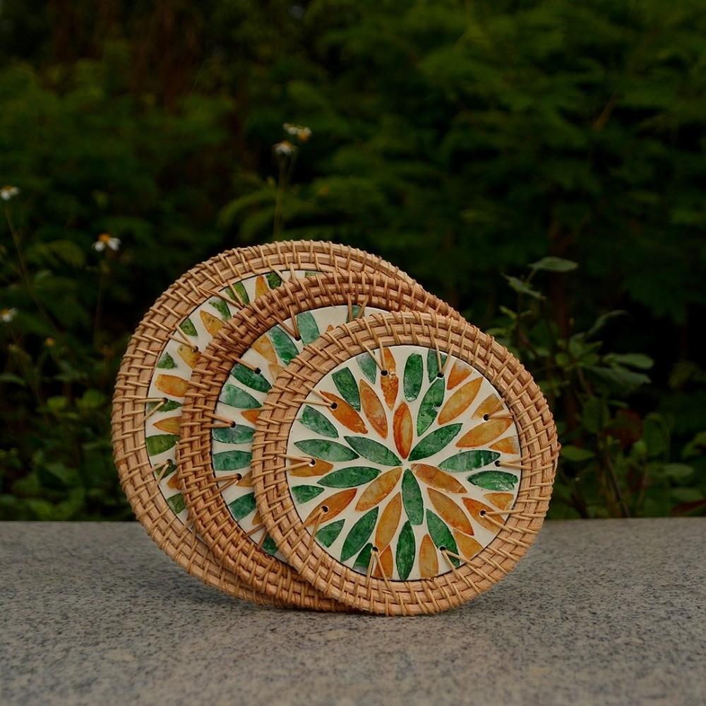 Round Rattan Weaving Coaster Handwoven Tea Cup Mats Tea Ceremony Shell Mats Home Decor