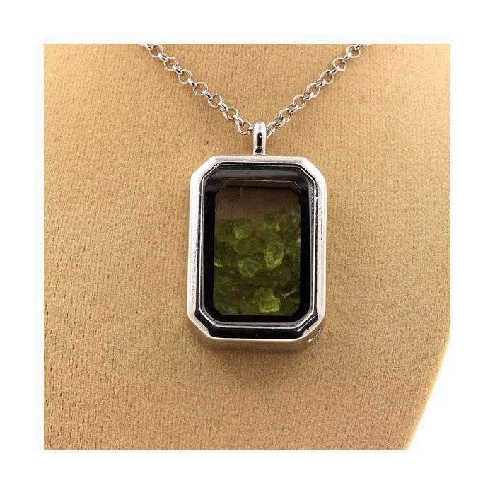 Stones and Minerals. Raw Peridot Necklace. Rectangular Model with Cut Sides.