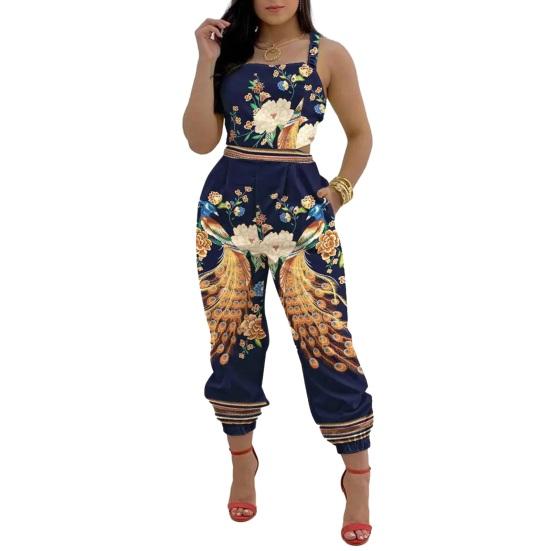 Женский комбинезон с квадратным воротником и открытыми плечами, без рукавов, на шнуровке, с карманами, с цветочным узором, длинные комбинезоны, уличная одежда