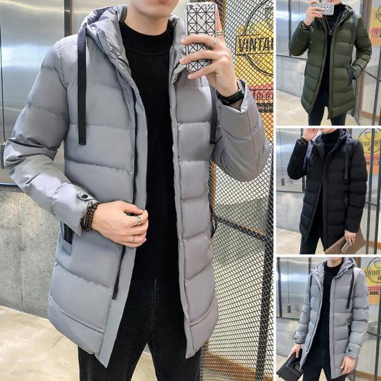 Men Cotton Coat Hooded Long Sleeve Full Zipper Closure Solid Color Jacket with Pockets Mid-length Thickened Quilted Outwear