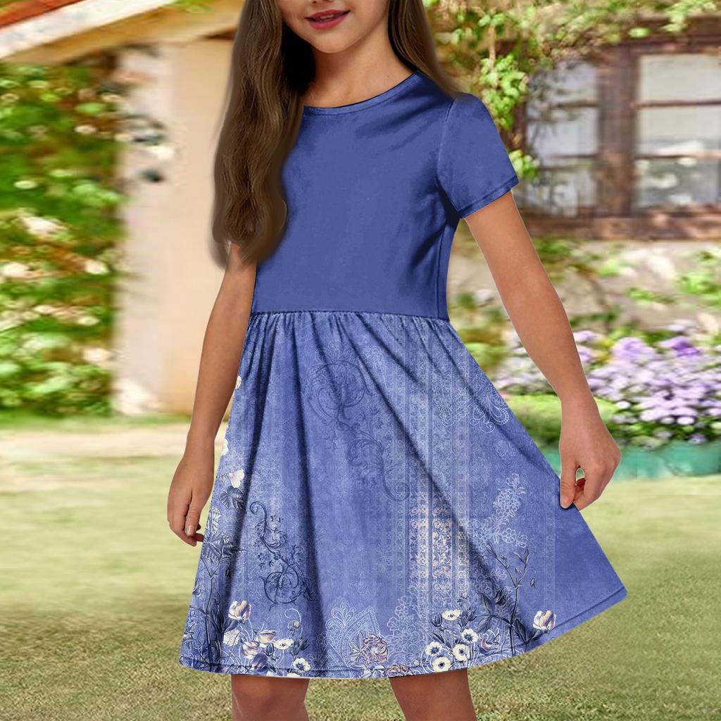 Летнее платье для девочек, однотонное платье без рукавов с принтом и карманом, повседневное платье, вечернее платье с короткими рукавами