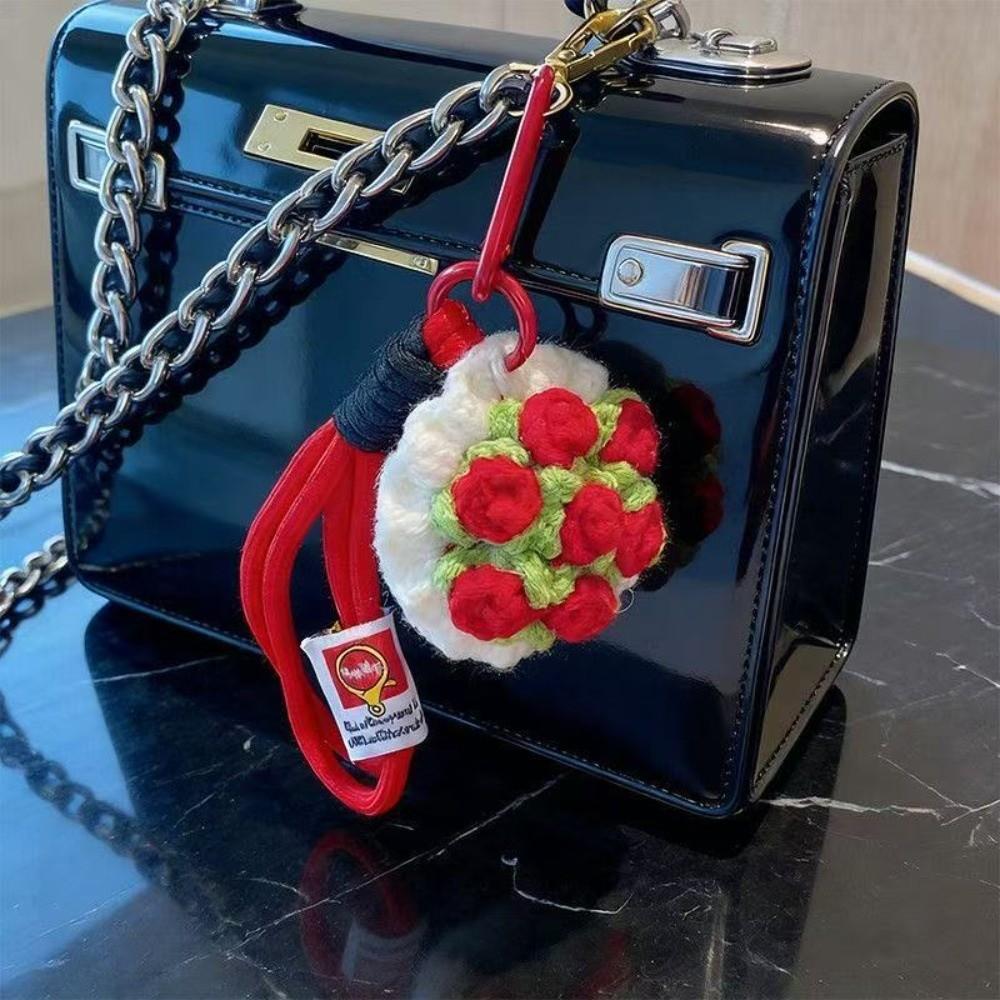 Handmade Crochet Rose Bouquet Keychain Crochet Flowers Mini Flower Charm Valentine's Day