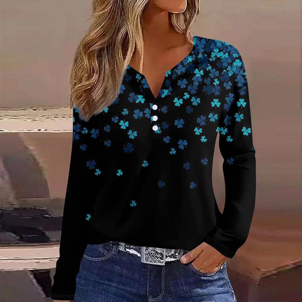 Женская модная повседневная футболка с v-образным вырезом и длинным рукавом с принтом, топ на пуговицах