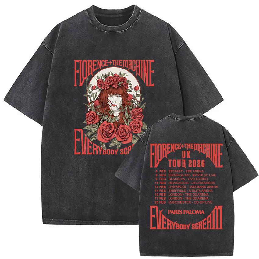 Florence and The Machine Tour Vintage Washed T Shirt Men Women Harajuku Aesthetic Oversized Cotton Tshirts Yk Streetwear