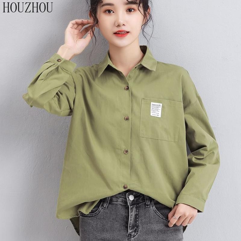 HOUZHOU белая рубашка женская с карманом и длинным рукавом размера плюс для студентов, милая корейская шикарная классика