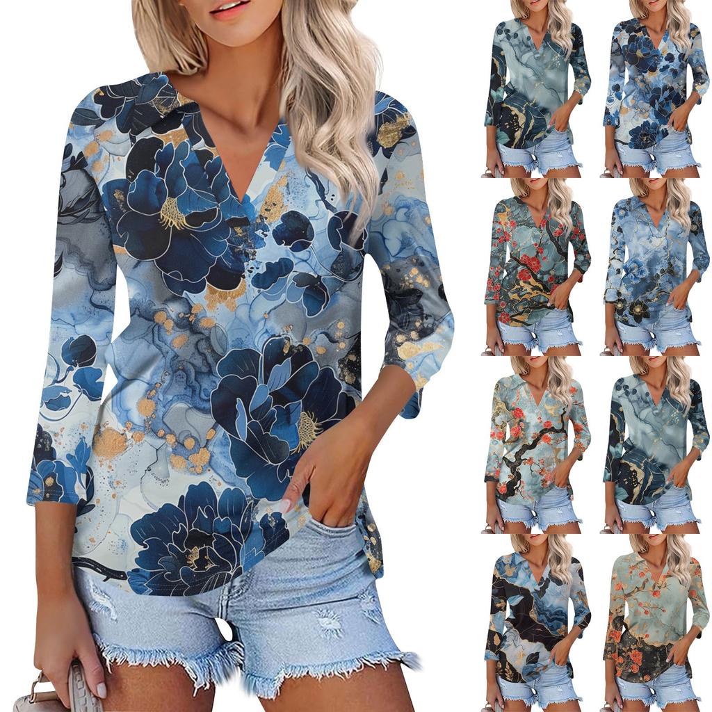 Women's Summer Fashion Casual Print V-Neck Three Quarter Sleeve Shirt Top