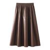 Coffee PU Leather Elastic Waist A-Line Pleated Midi Skirt - Women's 2024 Spring/Autumn Style