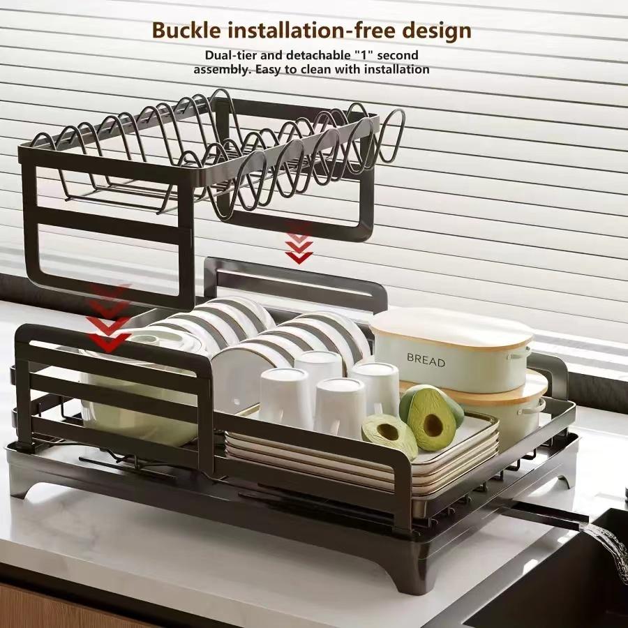 2 Tier Dish Rack with Drainboard Kitchen Dish Bowl Drainer Storage Rack Countertop Dinnerware Organizer Knife Fork Cup Holder