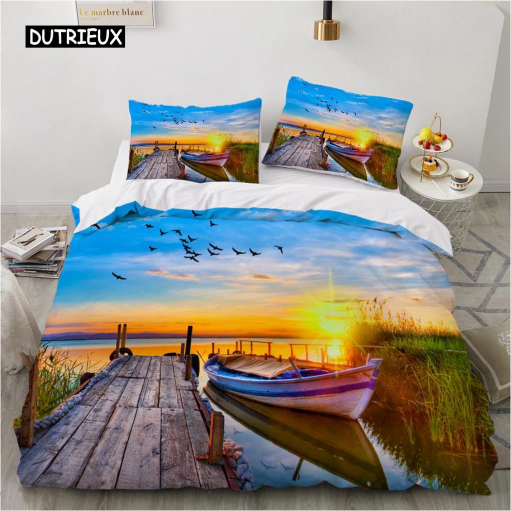 Комплект постельного белья Ocean Duvet Set King Size Polyester Tropic Ocean Style Sandy Shore and Sea with Waves Escape To Paradise Theme Set