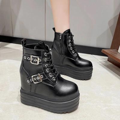 Модные женские ботильоны на высокой платформе, осенние, в готическом стиле, кожаные туфли с пряжкой, панк, мотоциклетные ботинки, круглый носок, массивные кроссовки