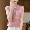 Женская весенняя новая шерстяная камвольная трикотажная жилетка с воротником-поло, однотонная, свободная, без рукавов, внутренняя одежда