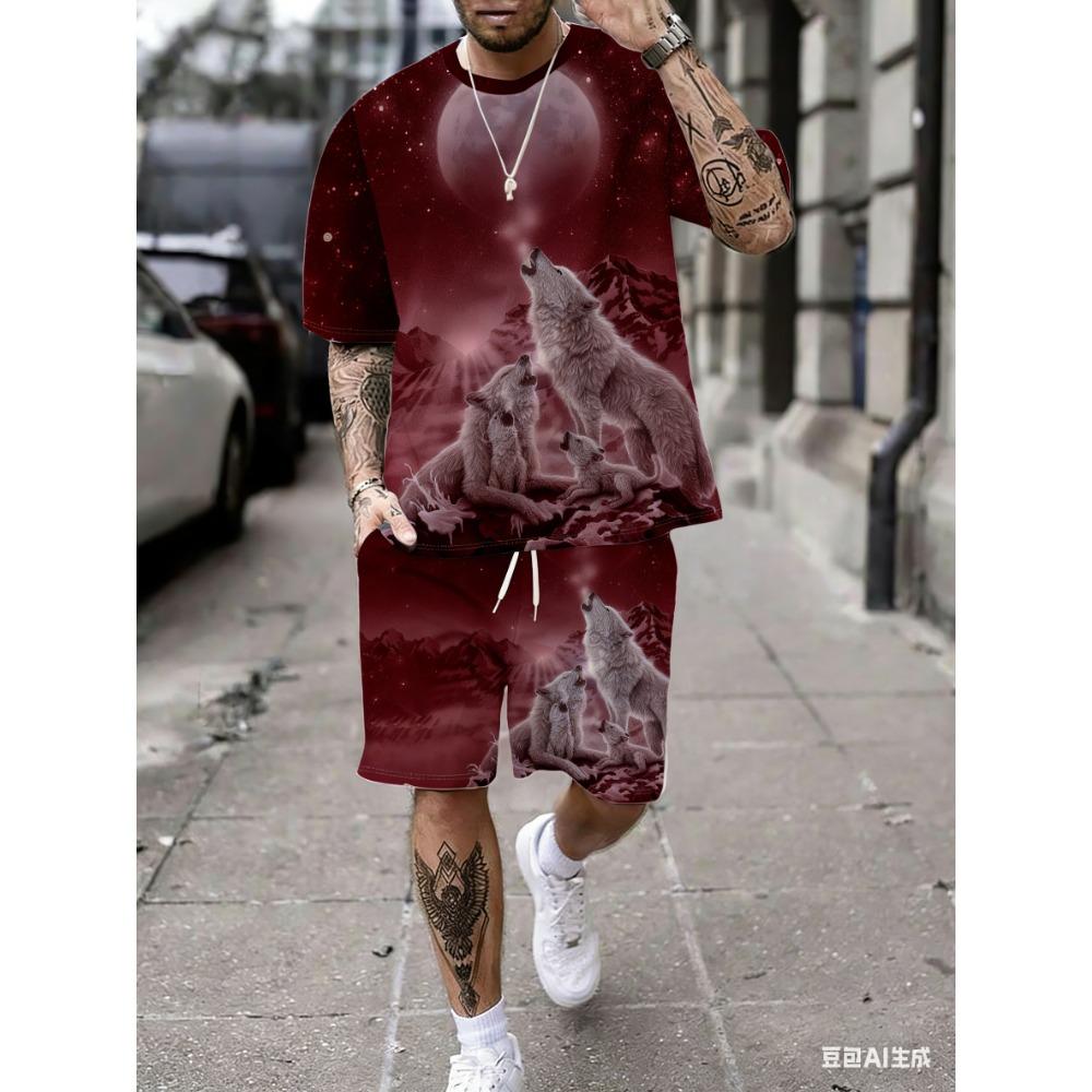 Мужской комплект: футболка с коротким рукавом и шорты с принтом «Звездное небо и стая волков»