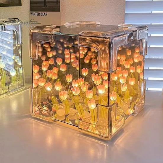 Handmade DIY Tulips Cube Mirror Lamp Soft Glow Easy To Install Romantic Tulips Flower Night Light Desktop Decoration