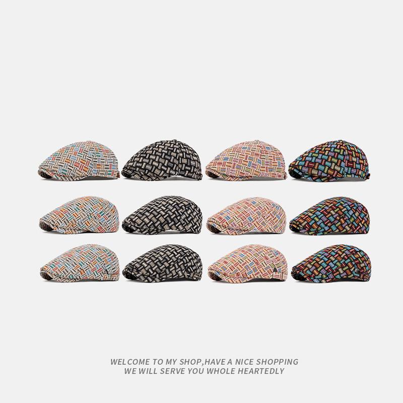 Винтажный берет Женская британская кепка-форвард Кепка газетчика Цветная жаккардовая клетчатая кепка